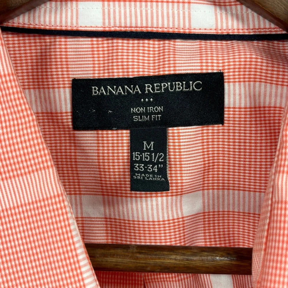 Banana Republic Button Up Shirt Mens M Orange White Slim Plaid Windowpane Dress
